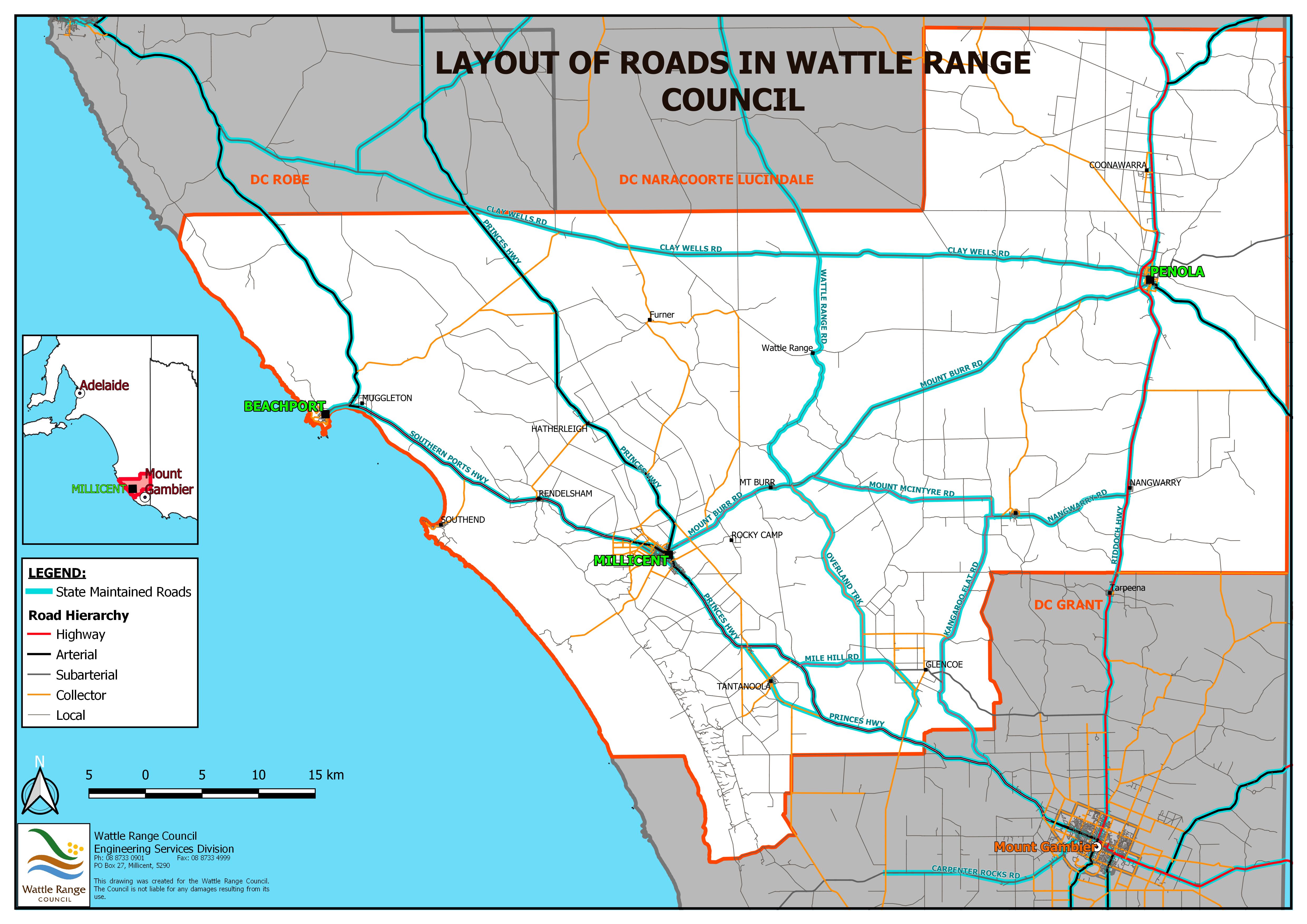 Map of Roads in Wattle Range Council area