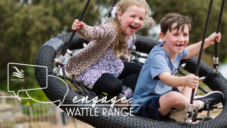 A boy and a girl on a round swing midair